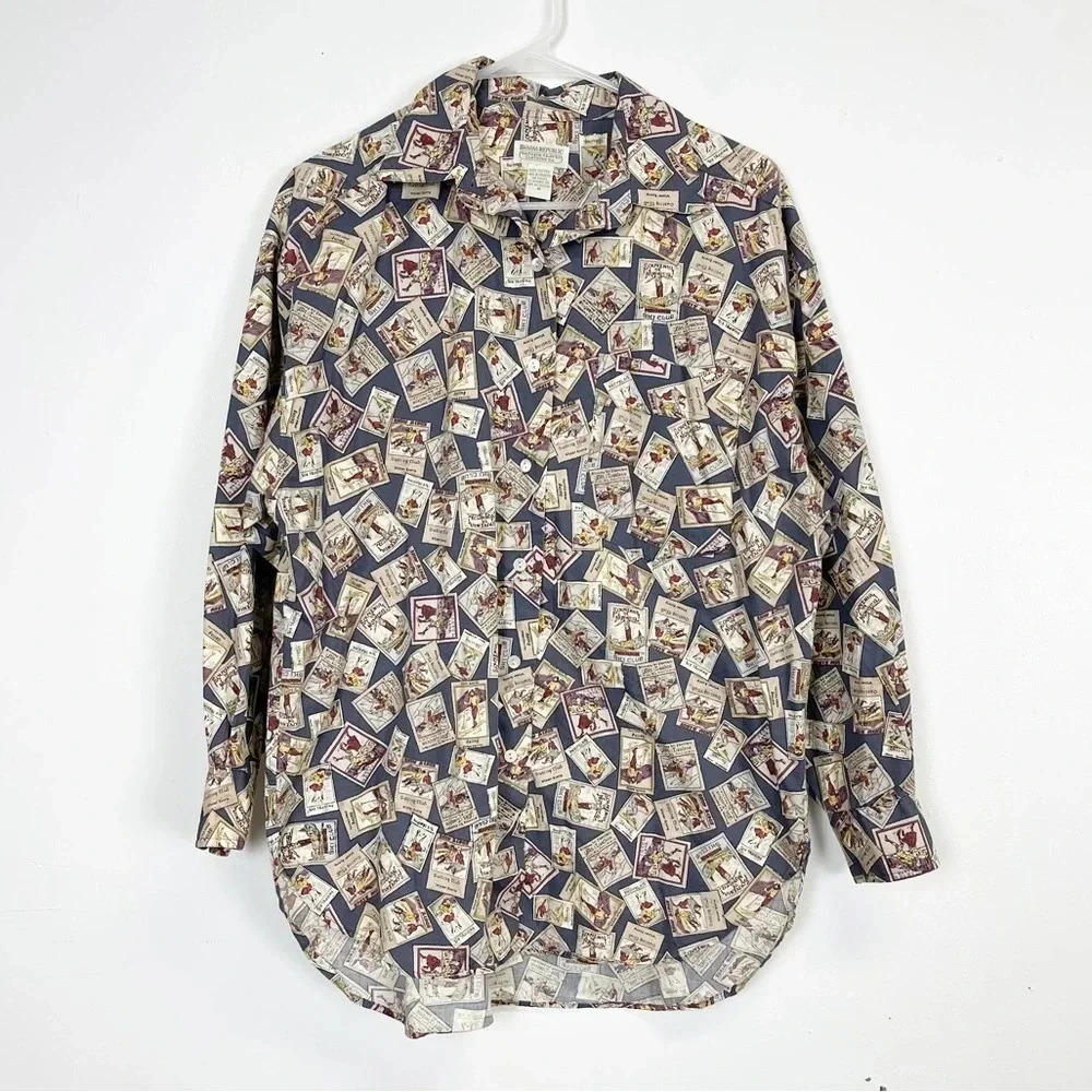 Banana Republic Safari Travel Shirt Mens Medium Ski Club Stamp AOP Button Down